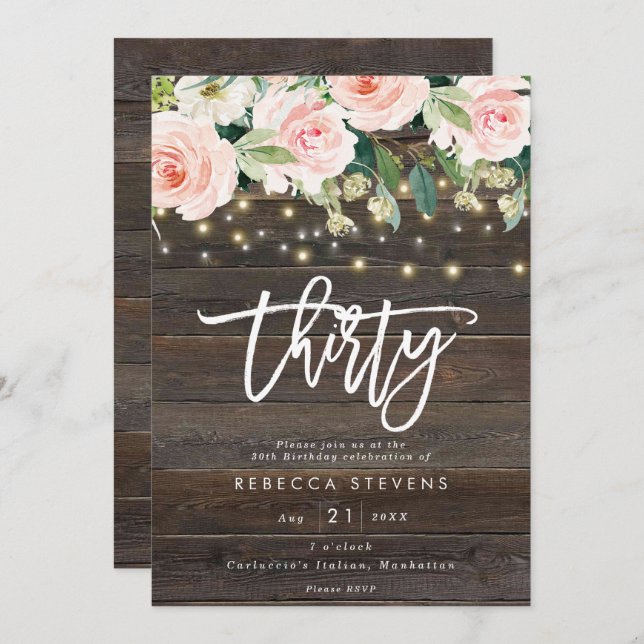 Blumenleuchten aus rustikalem Holz 30. Geburtstag Einladung (Vorne/Hinten)