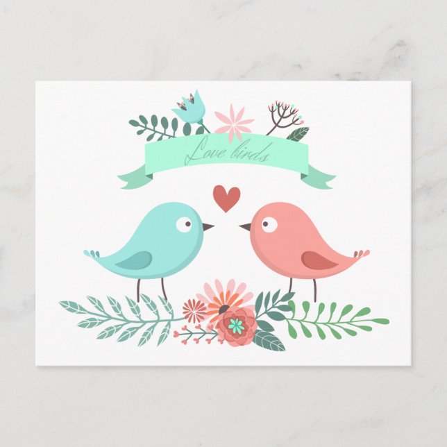 Blumenliebhaber Bird Blue and Pink Blume Wedding Postkarte (Vorderseite)