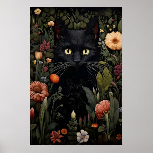 Blumenliebhaber Schwarzkatze Druck, Florale Katze  Poster