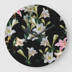 Blumenlilien: Schwarzes Hintergrundbild Große Wanduhr