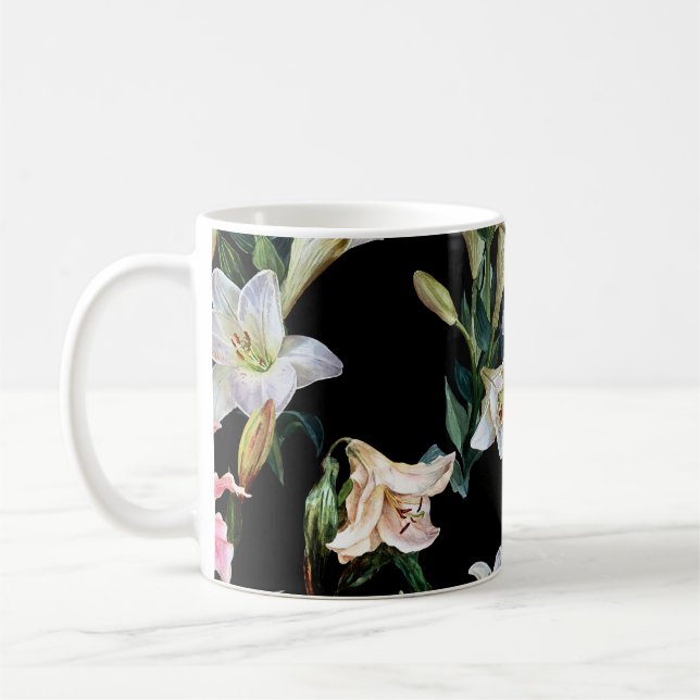 Blumenlilien: Schwarzes Hintergrundbild Kaffeetasse (Links)