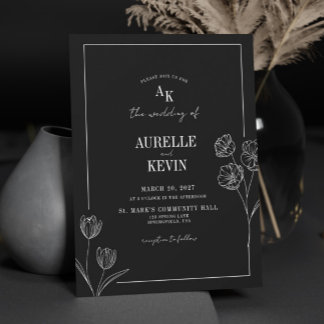 Blumenlinie Kunst Rustikal Schwarze Elegante Hochz Einladung