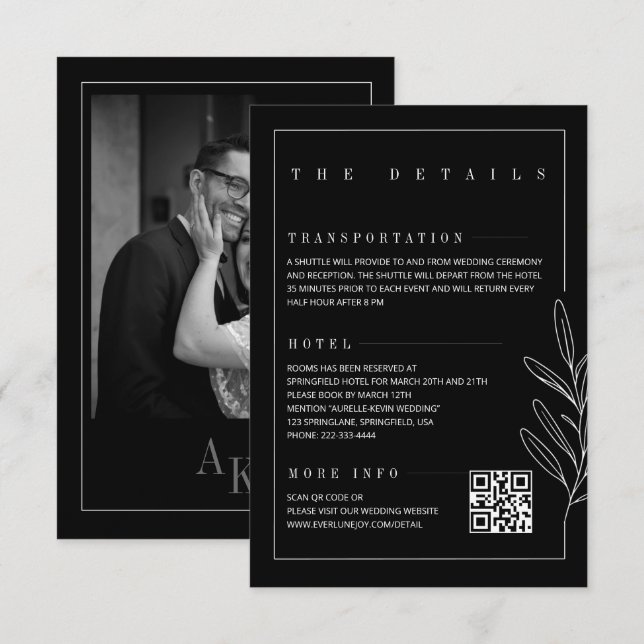 Blumenlinie Rustikal Schwarze Elegante Hochzeitsde Begleitkarte (Vorne/Hinten)