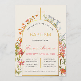 Blumenmädchen Taufe Goldenes Kreuz Bogen & Wildblu Einladung