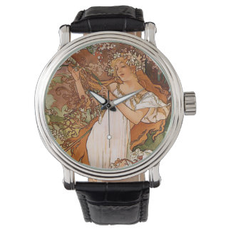 Blumenmädchen von Alphonse Mucha Armbanduhr