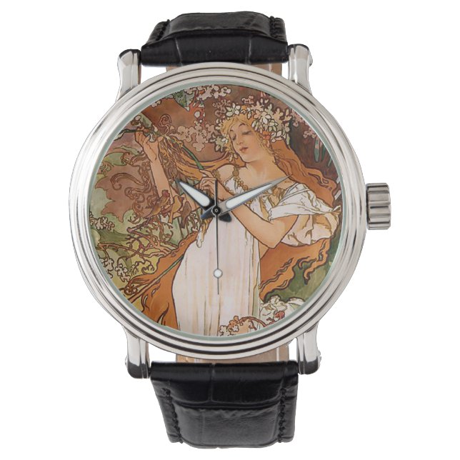 Blumenmädchen von Alphonse Mucha Armbanduhr (Vorderseite)