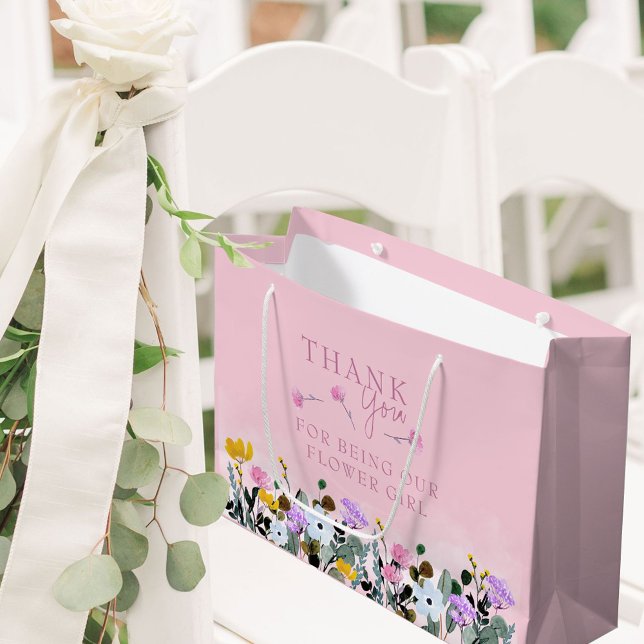 Blumenmädchen Wildblume Rasen Rosa Danke, große Große Geschenktüte (Flower Girl Wedding Gift Bag with pretty wildflowers from my Wildflower Lawn collection)