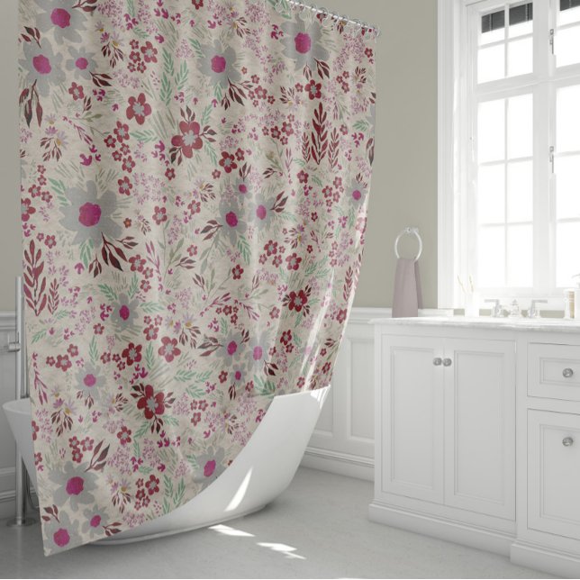 Blumenmagenta in Grau und Rosa Duschvorhang (Ditsy Floral In Gray And Magenta Textured Shower Curtain by Jenn Steffen for Studio Posies.)