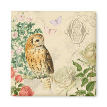 Blumenmagnet mit vintage Eule und schönen Rosen