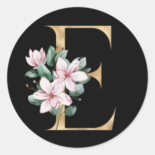 Blumenmagnolie-Monogramm in goldener Letter E Runder Aufkleber