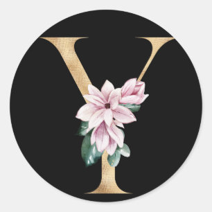 Blumenmagnolie-Monogramm in goldnem Buchstaben Y Runder Aufkleber
