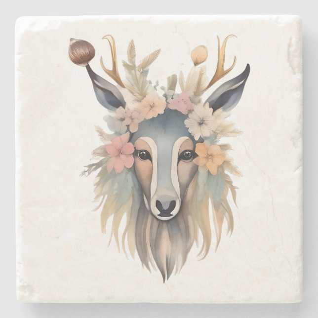 BlumenMajestät: Hirsch mit Blüten und Federn Steinuntersetzer (Vorderseite)