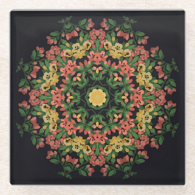 Blumenmandala: rot, gelb Vintag. Glasuntersetzer (Vorderseite)