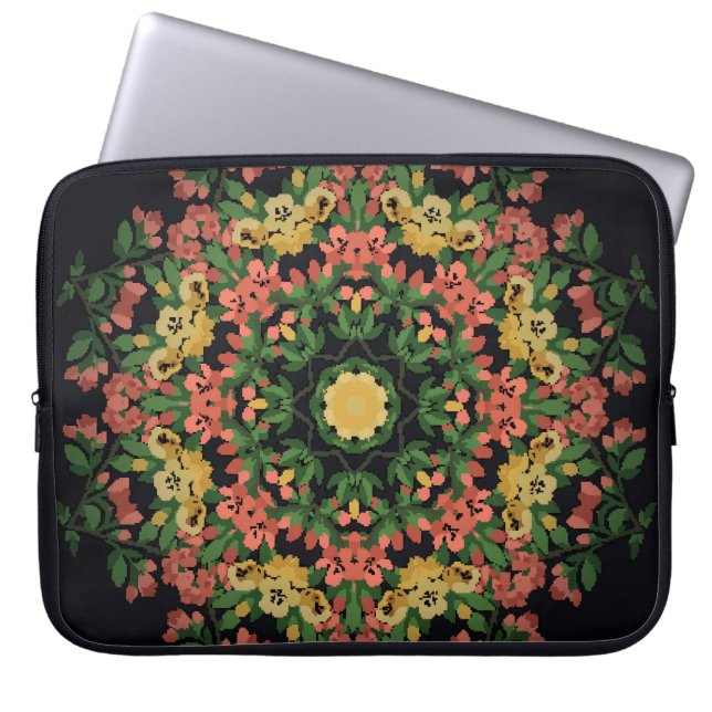 Blumenmandala: rot, gelb Vintag. Laptopschutzhülle (Vorderseite)