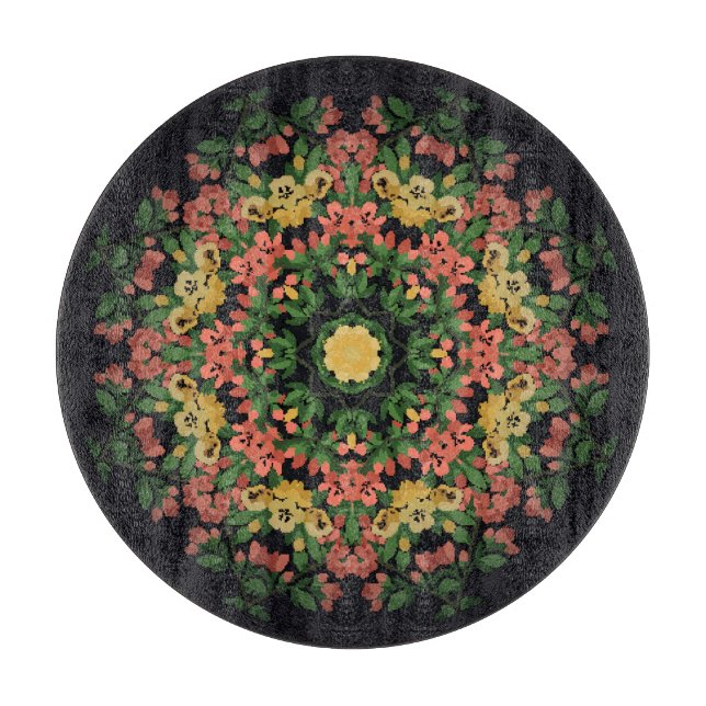 Blumenmandala: rot, gelb Vintag. Schneidebrett (Vorderseite)