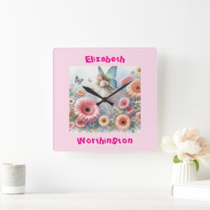 Blumenmärchen der Aquarelldruckerin, rosa Quadratische Wanduhr
