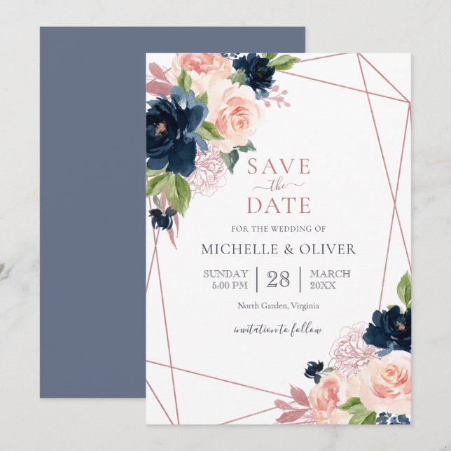 BlumenMarine und Geometrie mit Blush Save the Date Einladung (Vorne/Hinten)