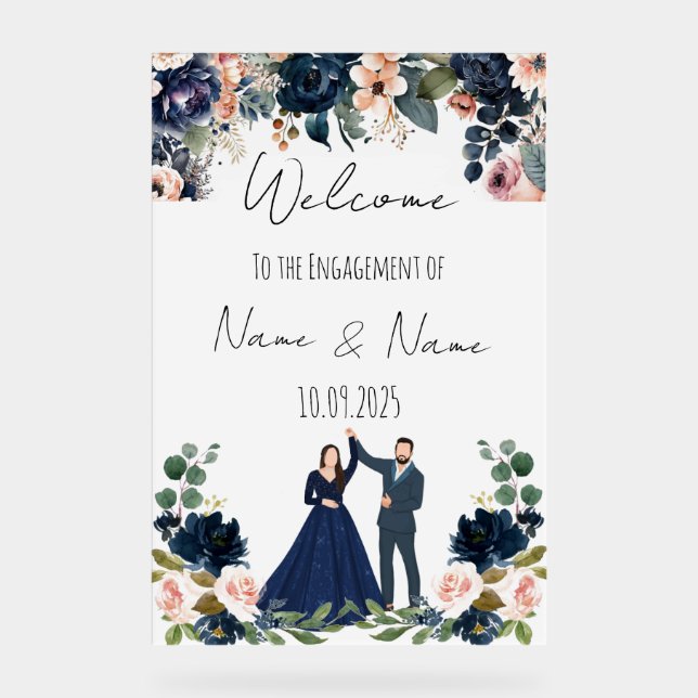 Blumenmarineblau-Schild Verlobung Acrylschild (Vorderseite)