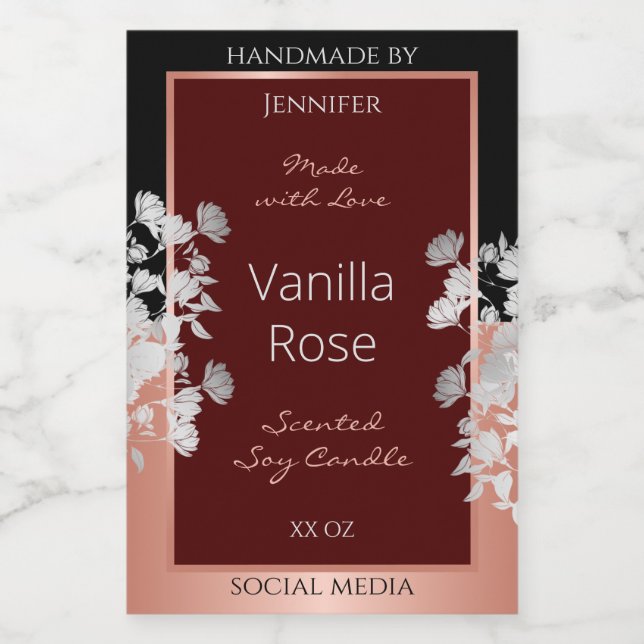 Blumenmarken Burgund Black und Rose Gold Lebensmitteletikett (Einzelnes Label)