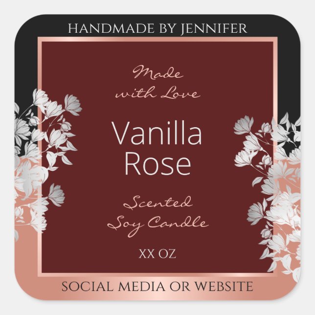 Blumenmarken Burgund Black und Rose Gold Quadratischer Aufkleber (Vorderseite)
