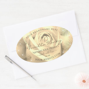 Blumenmarken Creme Beige Rose Palm Blätter Ovaler Aufkleber