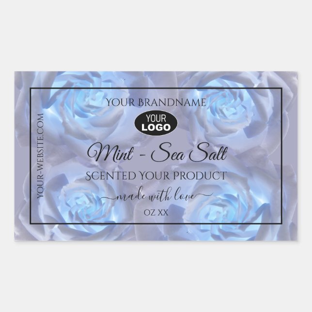 Blumenmarken Lichtblaue Rose mit Logo Rechteckiger Aufkleber (Vorderseite)