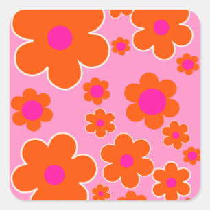Blumenmarkt Amsterdam Retro-Blumen Pink Orange Quadratischer Aufkleber
