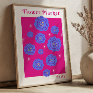 Blumenmarkt Paris Fuchsia & Blau Lebendiges Floral Poster