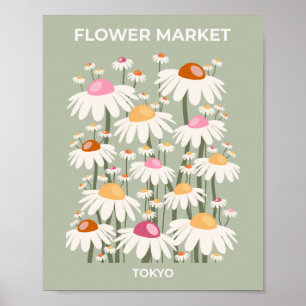 Blumenmarkt Tokio Retro Daisies Sagegrün Poster