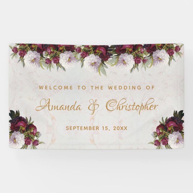 Blumenmarmor Burgundy White Peony Wedding Willkomm Banner (Horizontal)