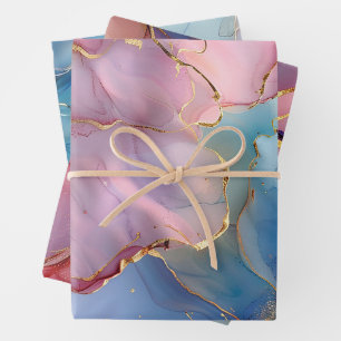 Blumenmarmor Gold Pink Blau Geschenkpapier Set