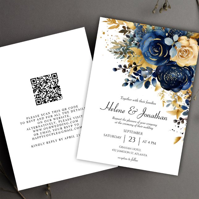 Blumenmarsch Blue Gold Garden Elegante Hochzeit Einladung (Floral Navy Blue Gold Garden Elegant Wedding Invitation)
