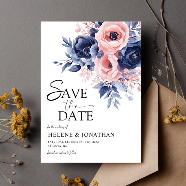 Blumenmarsch Blush Pink Boho Elegante Hochzeit Save The Date (Floral Navy Blue Blush Pink Boho Elegant Wedding Save The Date)