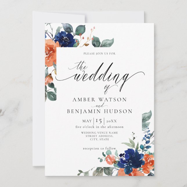 Blumenmarsch Orangen-Rust-Wasserfarbenhochzeit Einladung (Vorderseite)