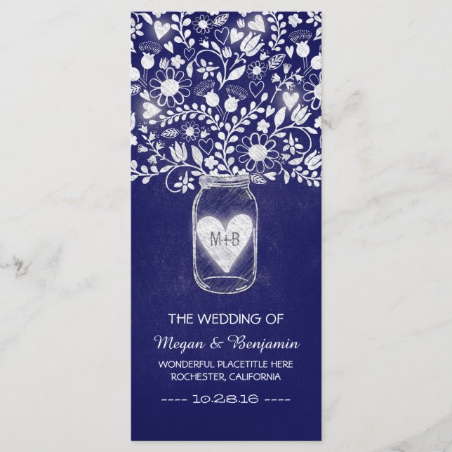 Blumenmason Jar Royal Blue Hochzeitsprogramme Programm (Vorderseite)