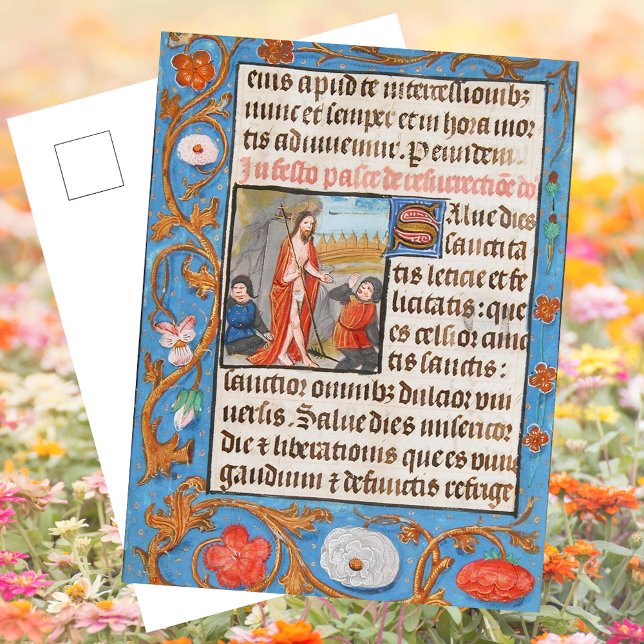 Blumenmittelalterliche Christliche Auferstehung Os Feiertagspostkarte (Easter Floral Leaf Medieval Illuminated Manuscript Christian Catholic Jesus Resurrection Postcard)