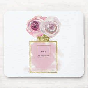 Blumenmode-Parfüm-Flaschen-Rosa-Rosen-Goldzauber Mousepad