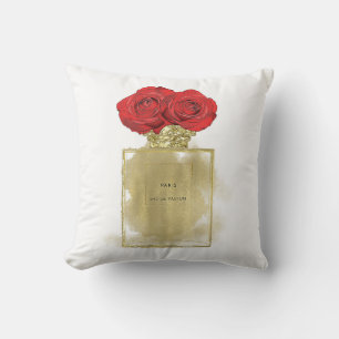Blumenmode Parfümflasche rote Rosen gold Glamour Kissen