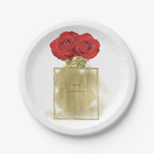 Blumenmode Parfümflasche rote Rosen Gold Glamour Pappteller