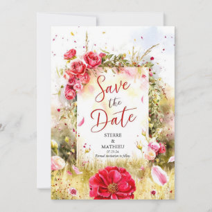 Blumenmoderne Crimson-Rote Rosen Hochzeit Save The Date