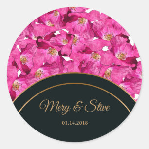 Blumenmohn rosa Muster.Monogramm. Runder Aufkleber