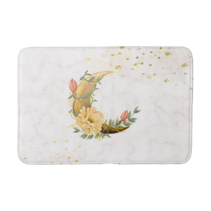 Blumenmond, Beige und Gelbe Grafik Badematte