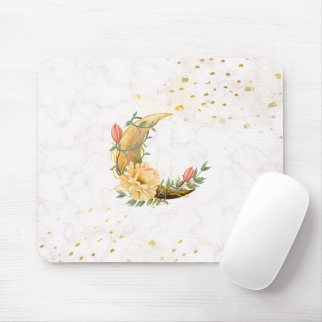 Blumenmond, Beige und Gelbe Grafik Mousepad (Mit Mouse)