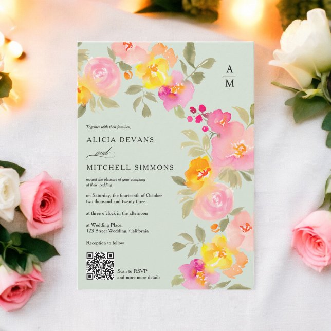 Blumenmonogramm Chic Qr Code Foto Grüne Hochzeit Einladung (Floral monogram chic Qr code photo green wedding Invitation)