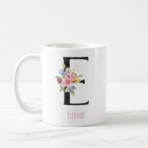 Blumenmonogramm E Name Schwarz Polka Punkt Kaffeet Kaffeetasse
