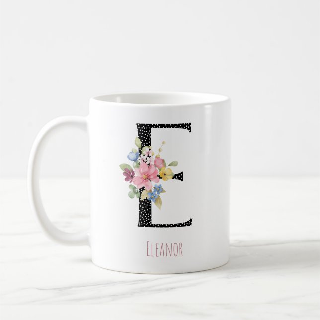 Blumenmonogramm E Name Schwarz Polka Punkt Kaffeet Kaffeetasse (Links)