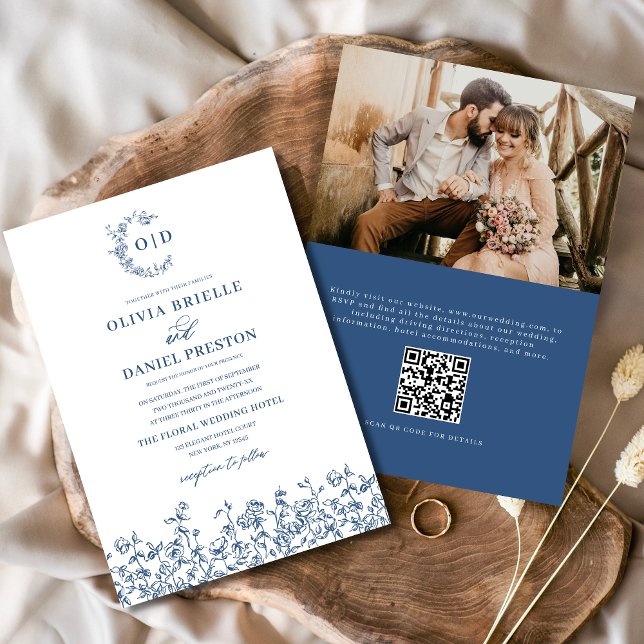 Blumenmonogramm Foto QR Code Navy Blue Wedding Einladung (Von Creator hochgeladen)