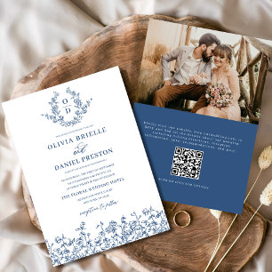 Blumenmonogramm Foto QR Code Navy Blue Wedding Einladung