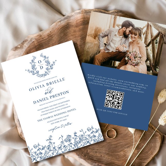 Blumenmonogramm Foto QR Code Navy Blue Wedding Einladung (Von Creator hochgeladen)