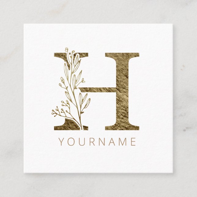 Blumenmonogramm H Elegant Gold Foliage Quadratische Visitenkarte (Vorderseite)